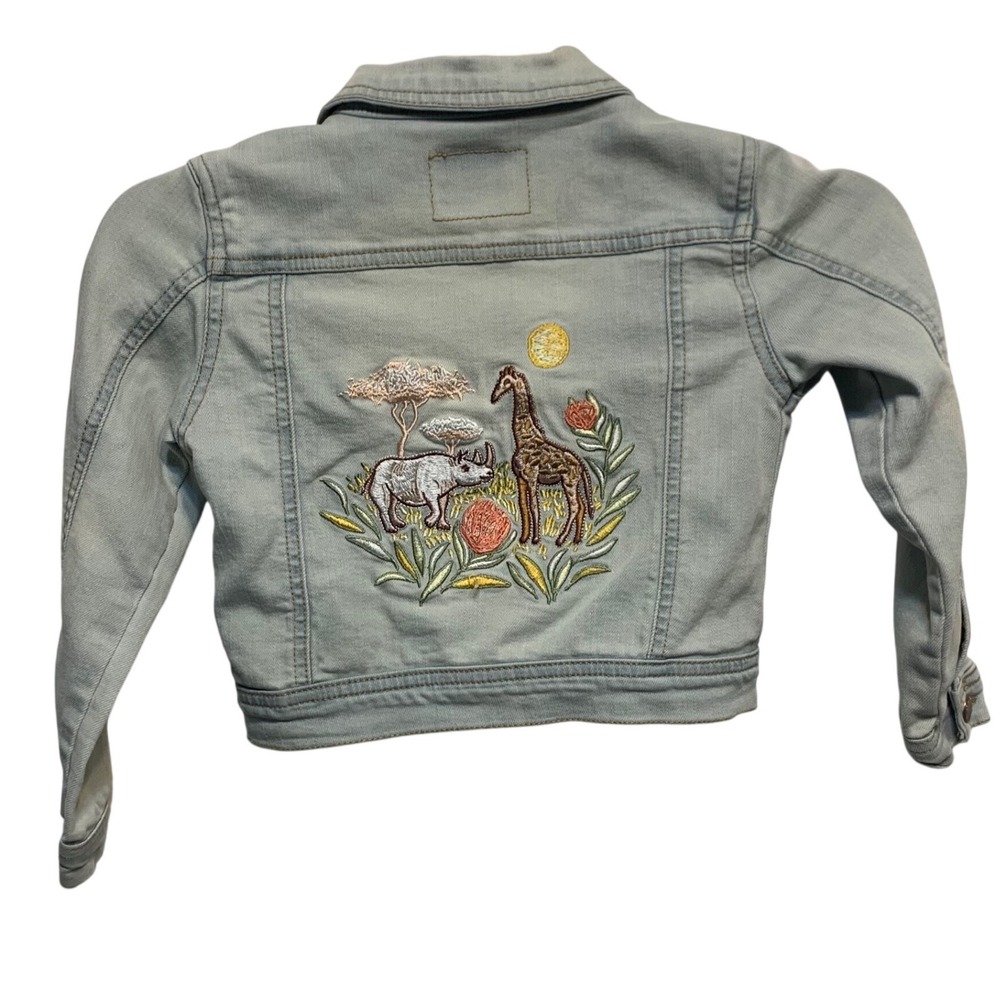 Genuine Kids OshKosh Denim Jacket 5T Embroidered Safari Giraffe Rhino Light Wash